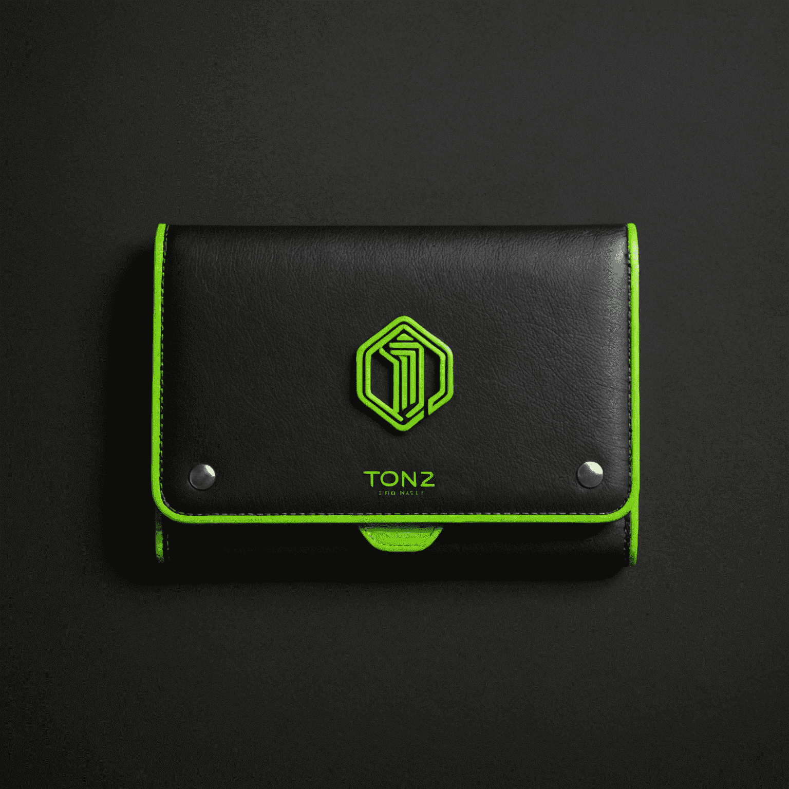 Ton_Wallet logo featuring a sleek, neon green wallet design on a black background