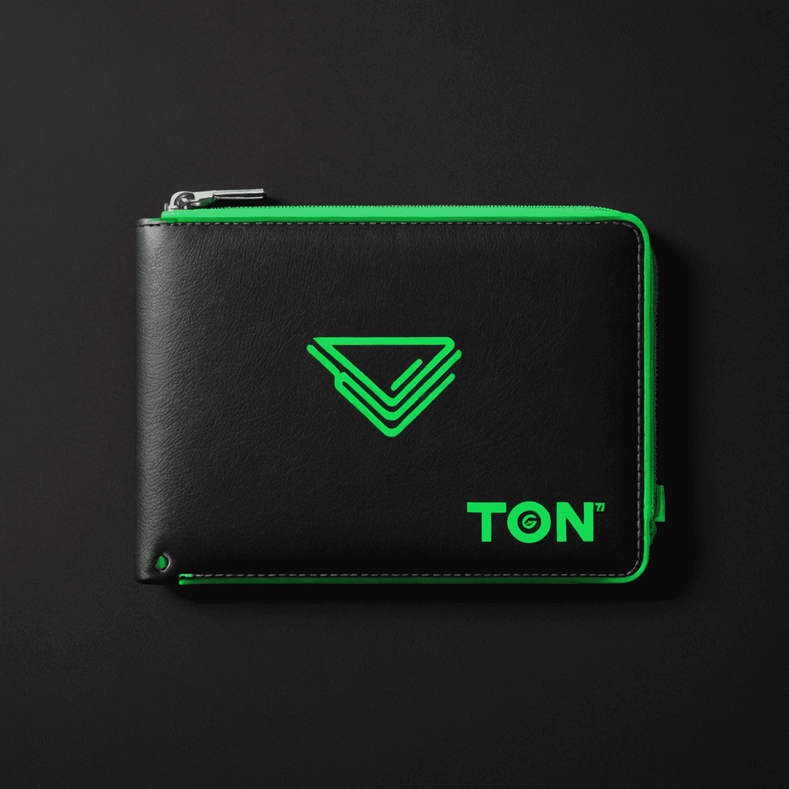 Ton_Wallet logo featuring a sleek, neon green wallet design on a black background
