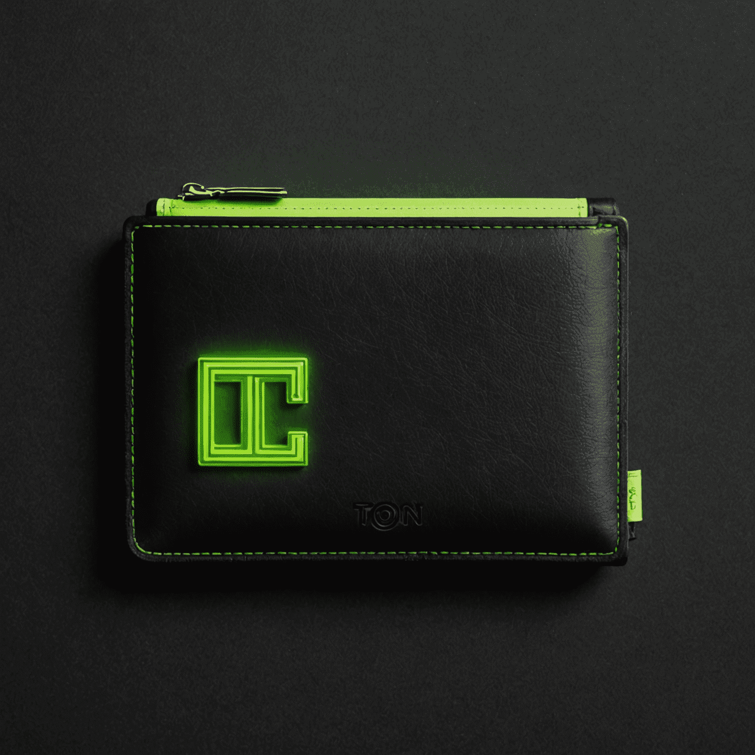 Ton_Wallet logo featuring a sleek, neon green wallet design on a black background