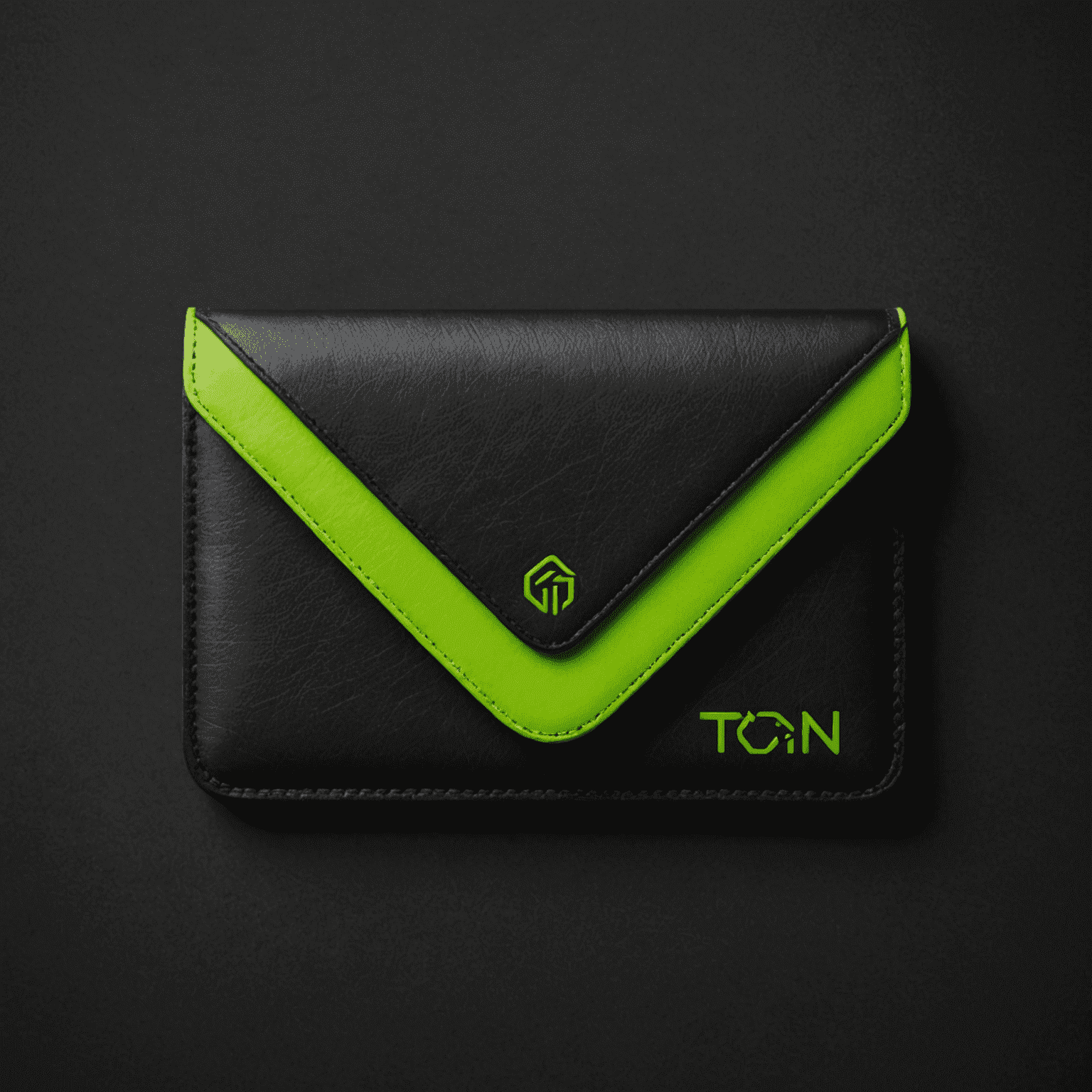 Ton_Wallet logo featuring a sleek, neon green wallet design on a black background