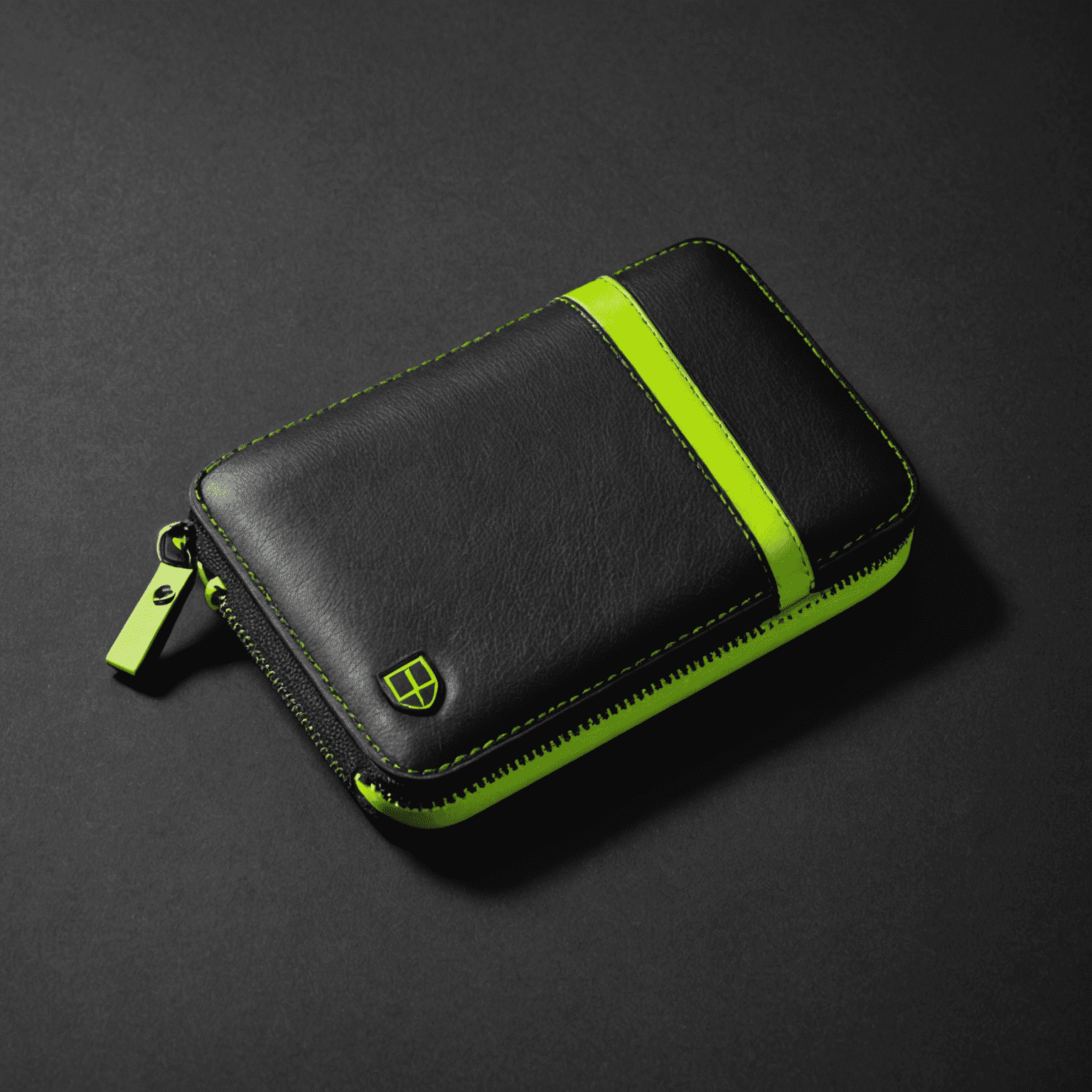 A sleek black leather wallet with neon green stitching and zipper, showcasing the new Ton_Wallet design against a dark urban backdrop