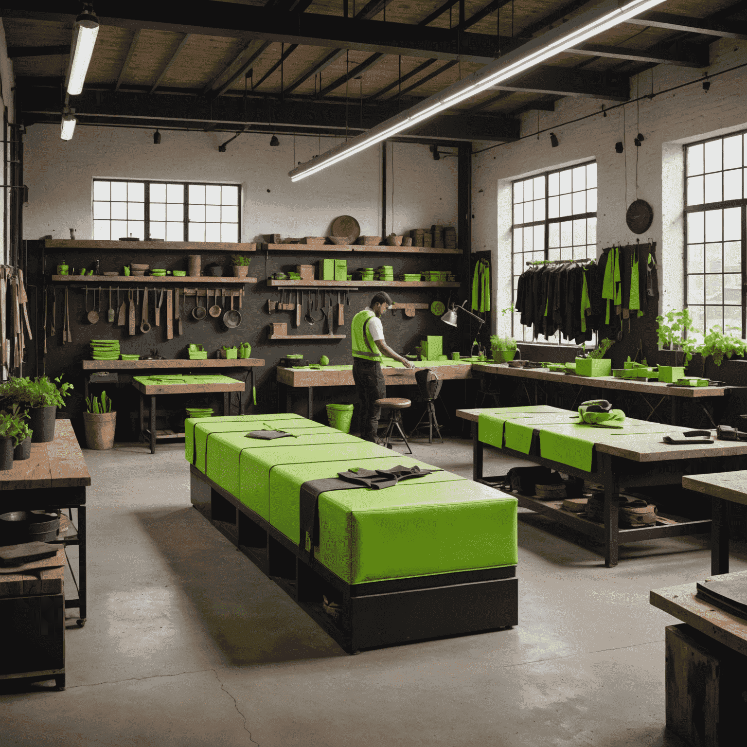 A modern leather tannery with workers using eco-friendly processes. Neon green accents highlight sustainable practices.