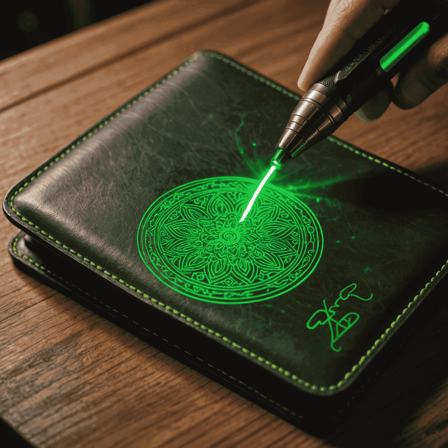 Close-up of a leather wallet being engraved with neon green laser, showing precision and craftsmanship