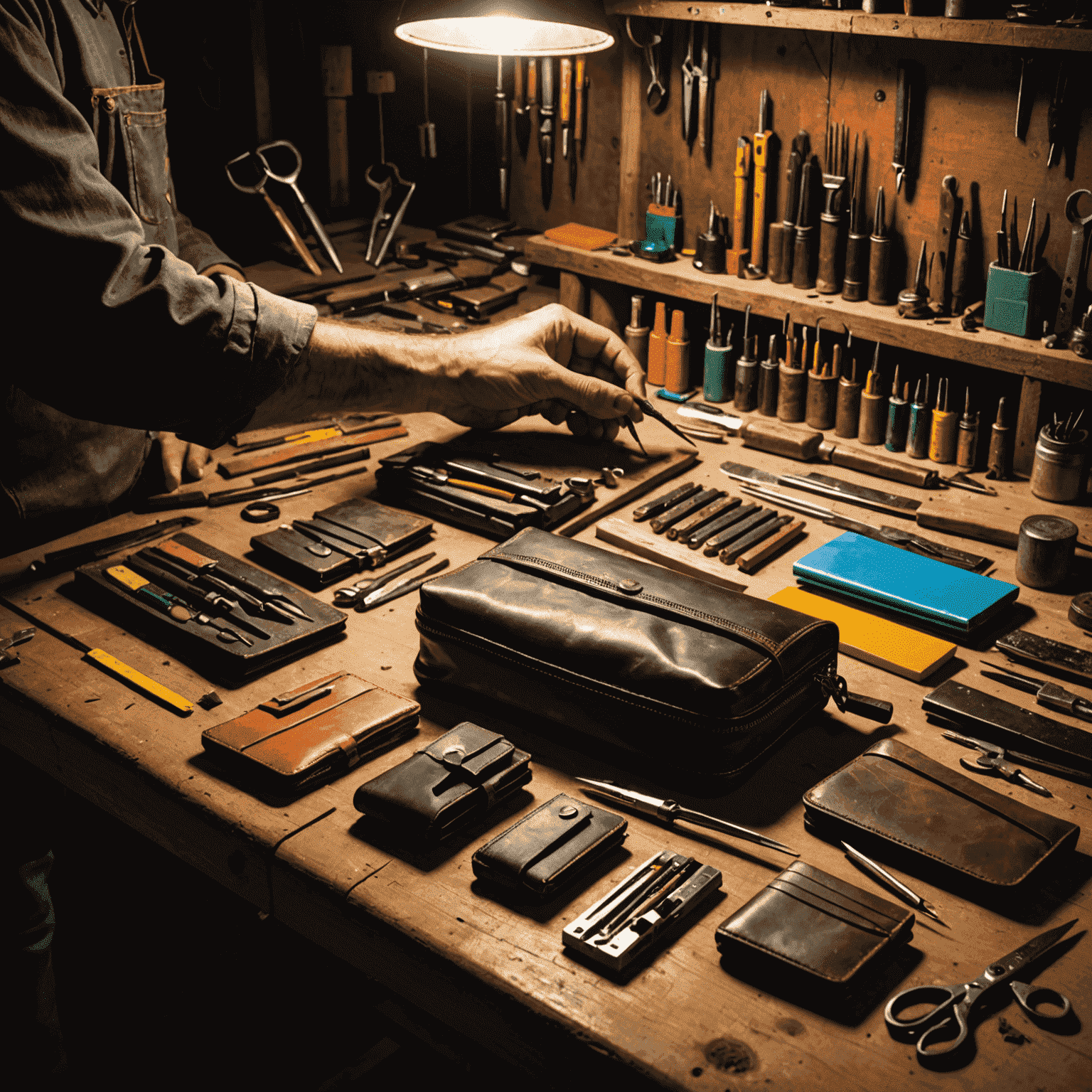 A neon-lit workbench with various Ton_Wallets in different stages of repair. Tools are scattered around, including needles, thread, and leather conditioning products. A craftsman's hands are visible, working on a wallet with precision.