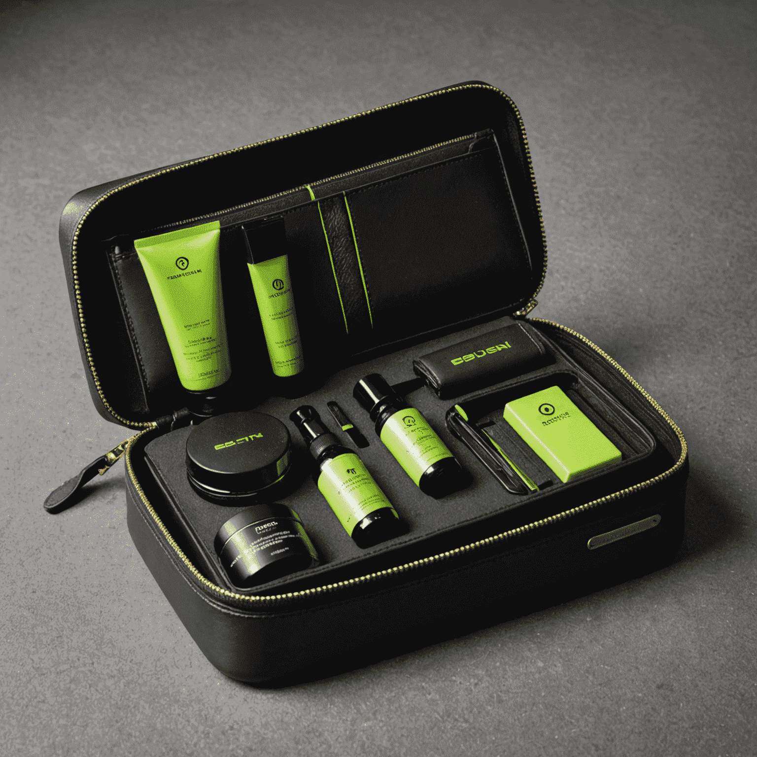 A sleek black case containing various leather care products including conditioner, cleaner, brush, and microfiber cloth. The products have neon green accents and the Ton_Wallet logo.