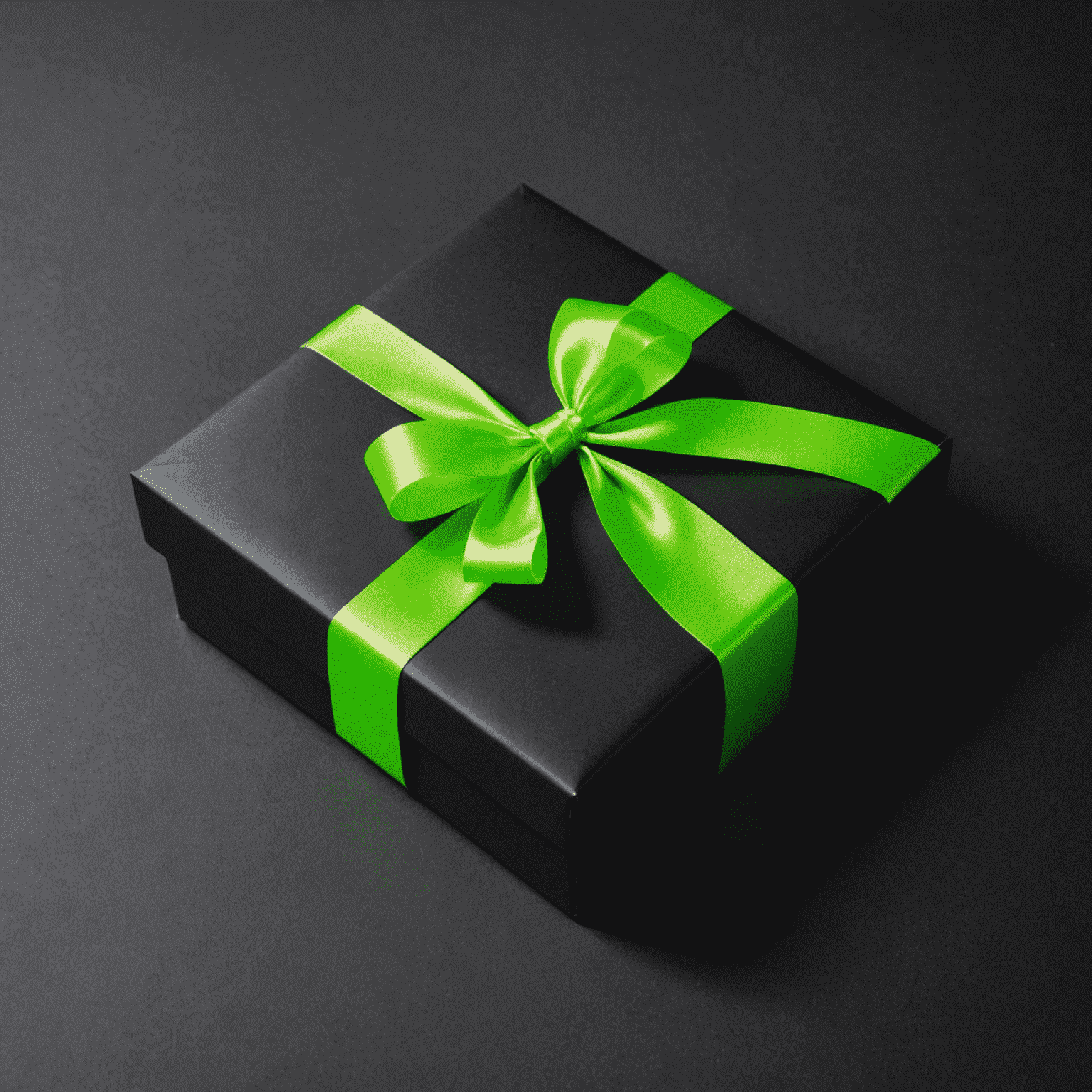 A stylish gift box wrapped in black paper with neon green ribbon, showcasing the Ton_Wallet gift wrapping service. The image has a holographic overlay effect.