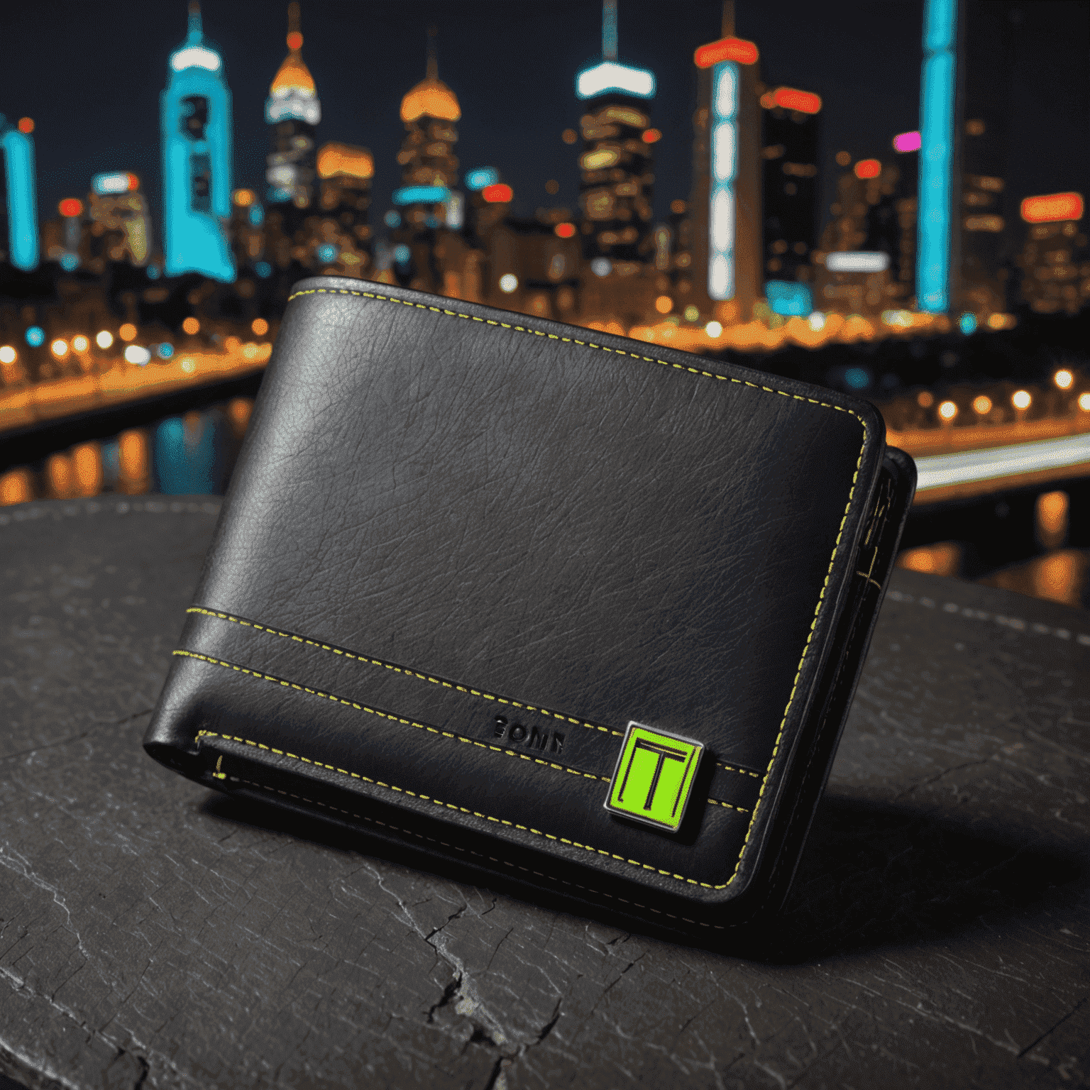 A sleek, customized Ton_Wallet showcasing various leather types, neon-accented stitching, and personalized design elements. The wallet is displayed on a reflective surface with a cityscape background, emphasizing its urban and modern appeal.