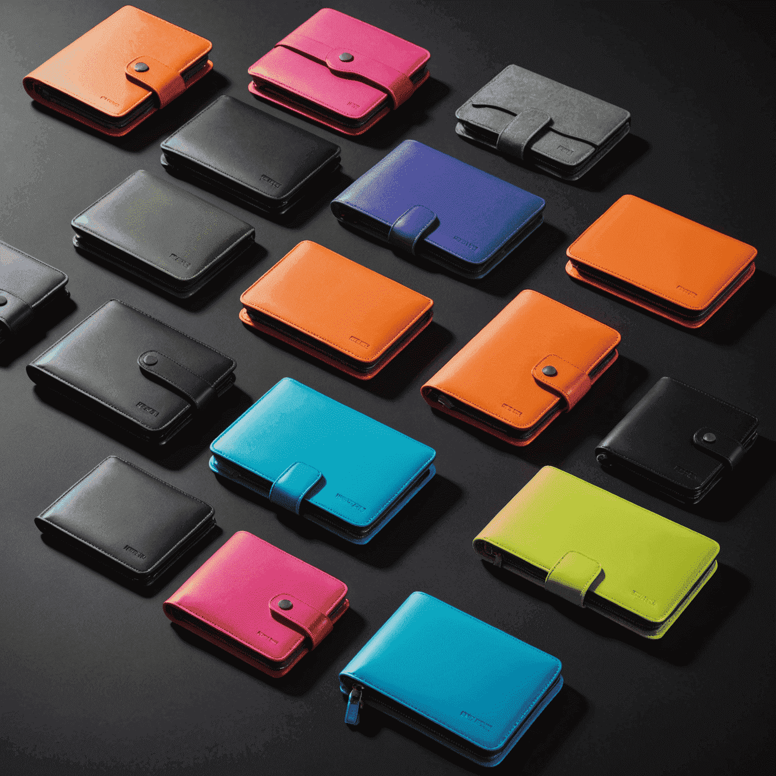 A spread of various Ton_Wallet designs laid out on a reflective surface, showcasing different sizes and neon color accents against a dark background