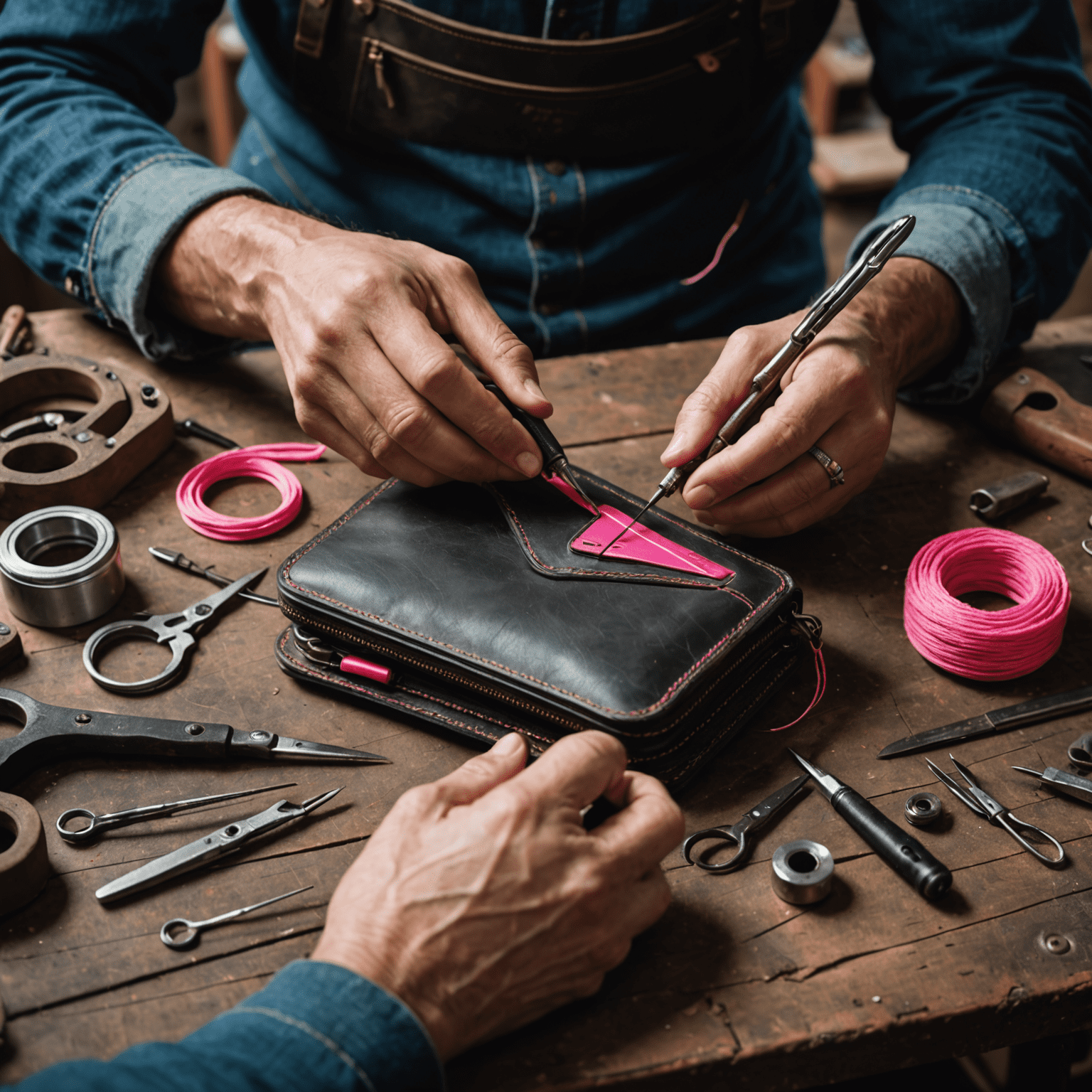 Artisan repairing a Ton_Wallet, hands working on stitching with neon pink thread, surrounded by leather working tools