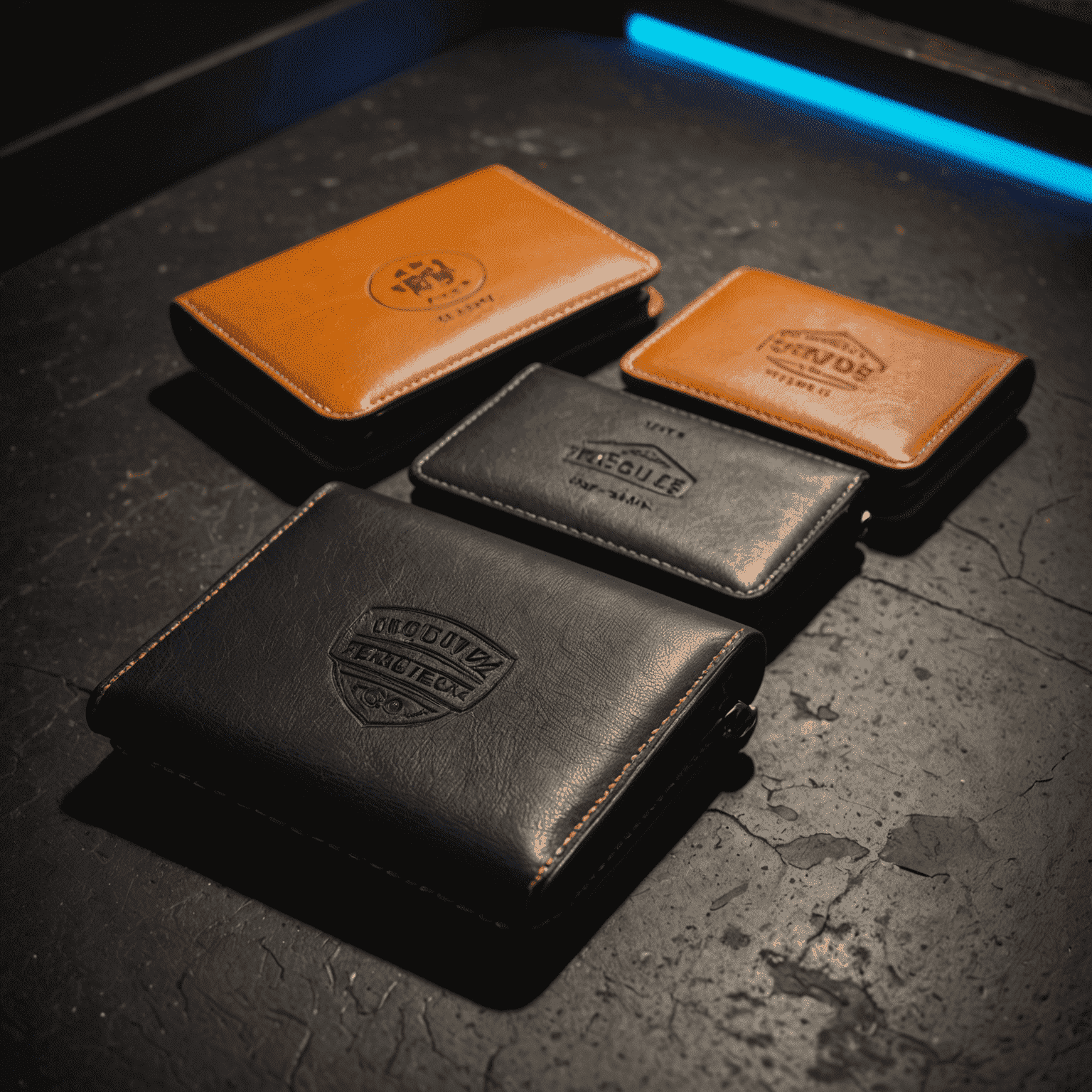 A collection of Ton_Wallets with various custom engravings, showcasing different fonts and designs against a neon-lit urban backdrop