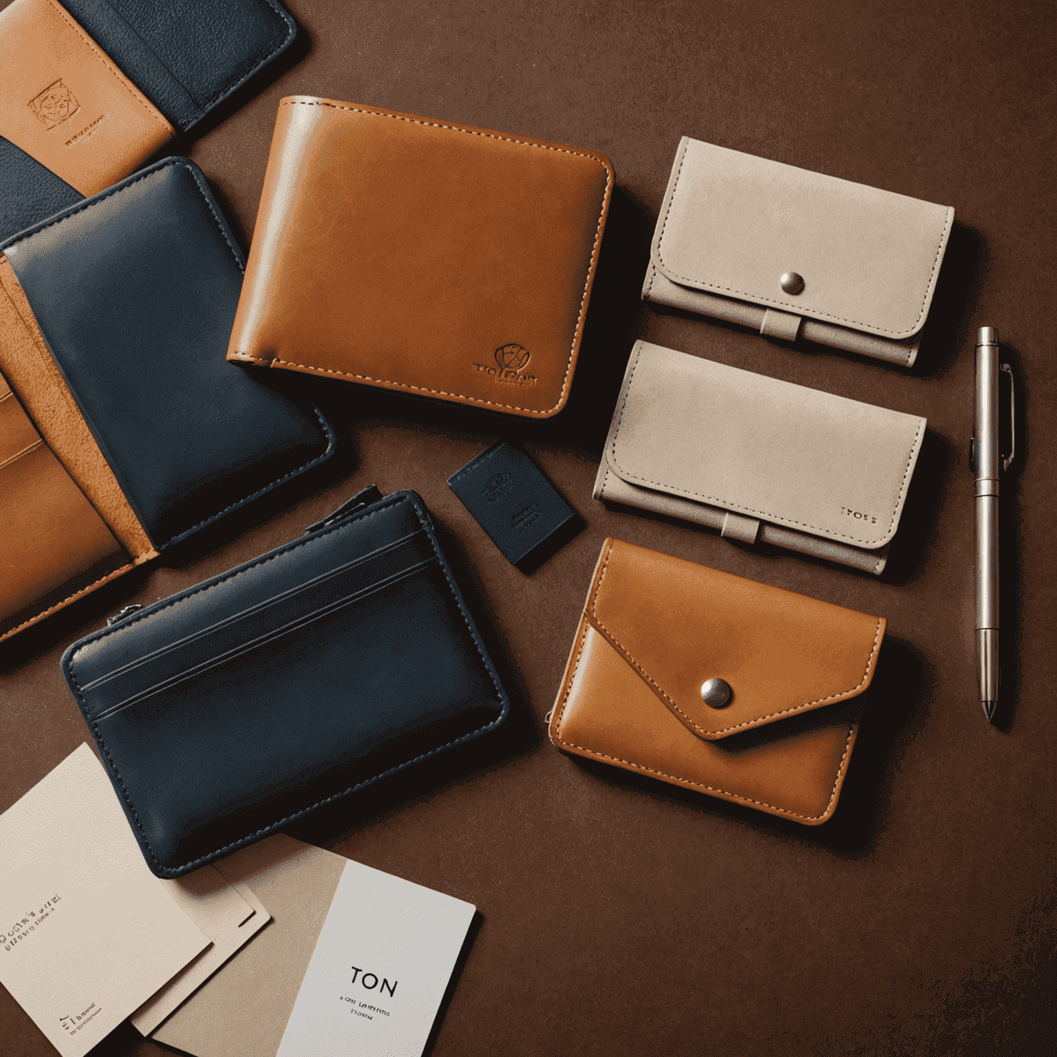 A collage showcasing the customization process of Ton_Wallets. Various leather swatches, color palettes, and design elements are displayed alongside partially completed wallets, demonstrating the journey from concept to finished product.