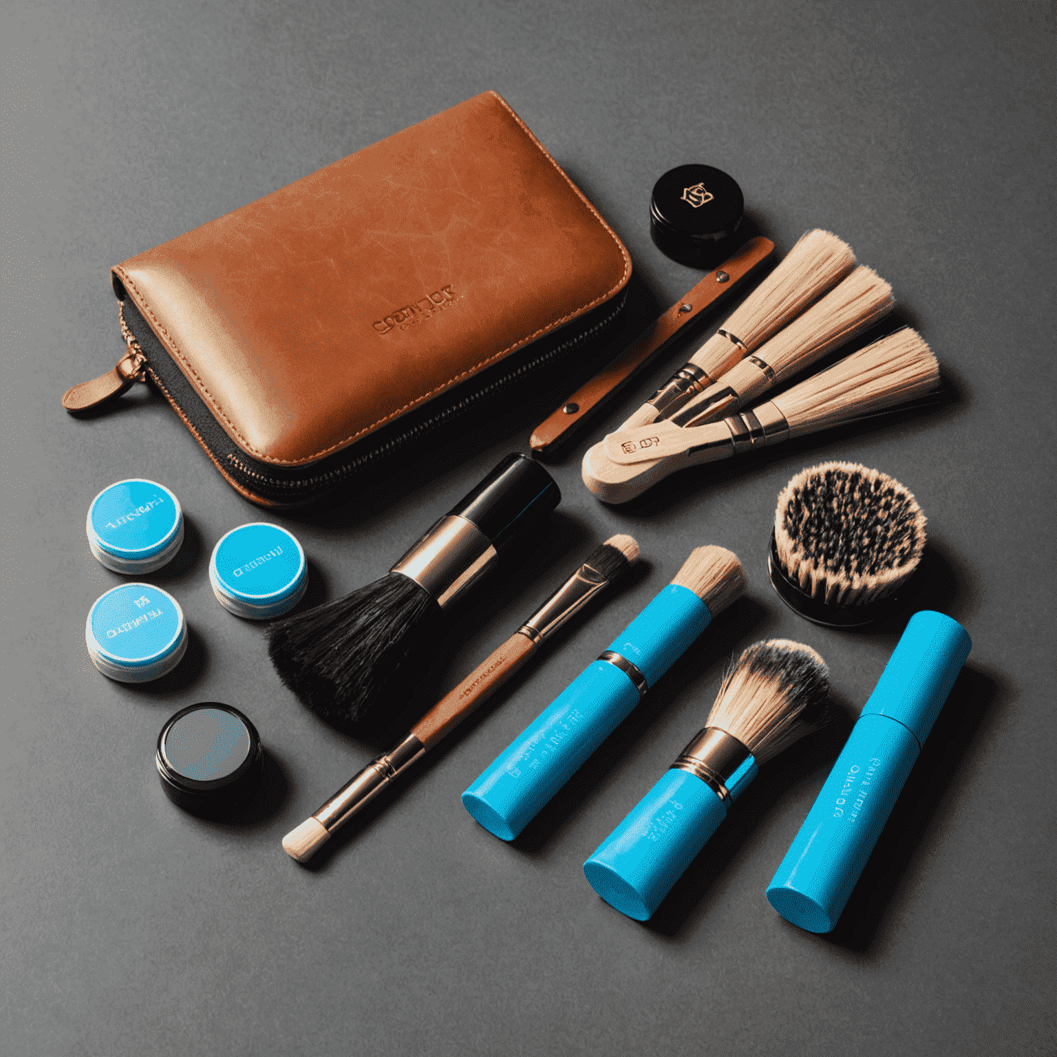 Stylish leather care kit for Ton_Wallet, featuring brushes, conditioners, and cleaners with neon blue accents