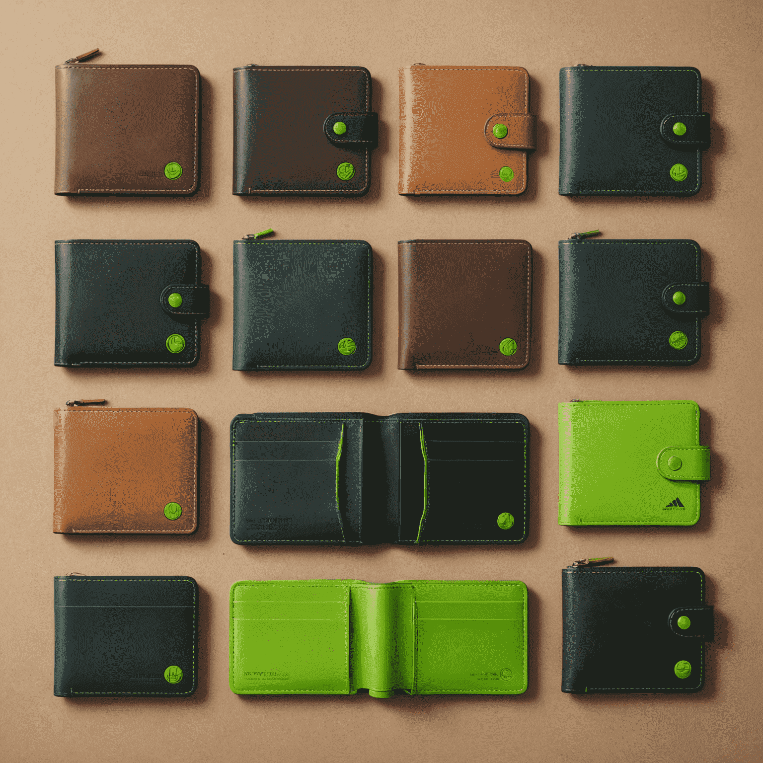 Customization process of a Ton_Wallet, showing various leather swatches, color options, and design elements with neon green highlights